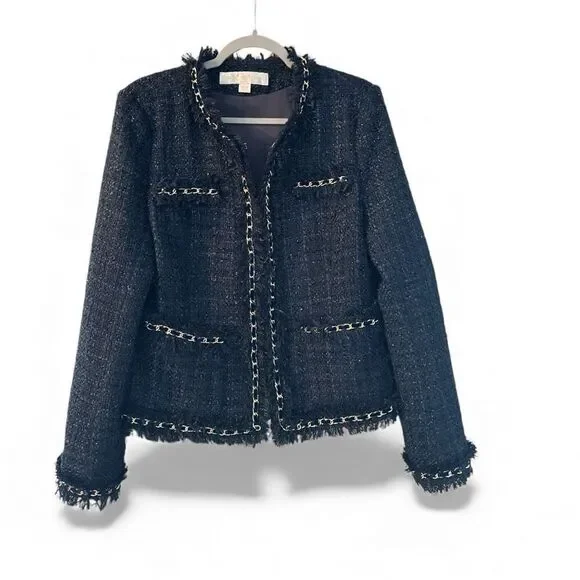 Boston Proper Women's Parisian Tweed Shimmer Chain Fringe Jacket Navy Gold Sz 12 - Picture 3 of 9